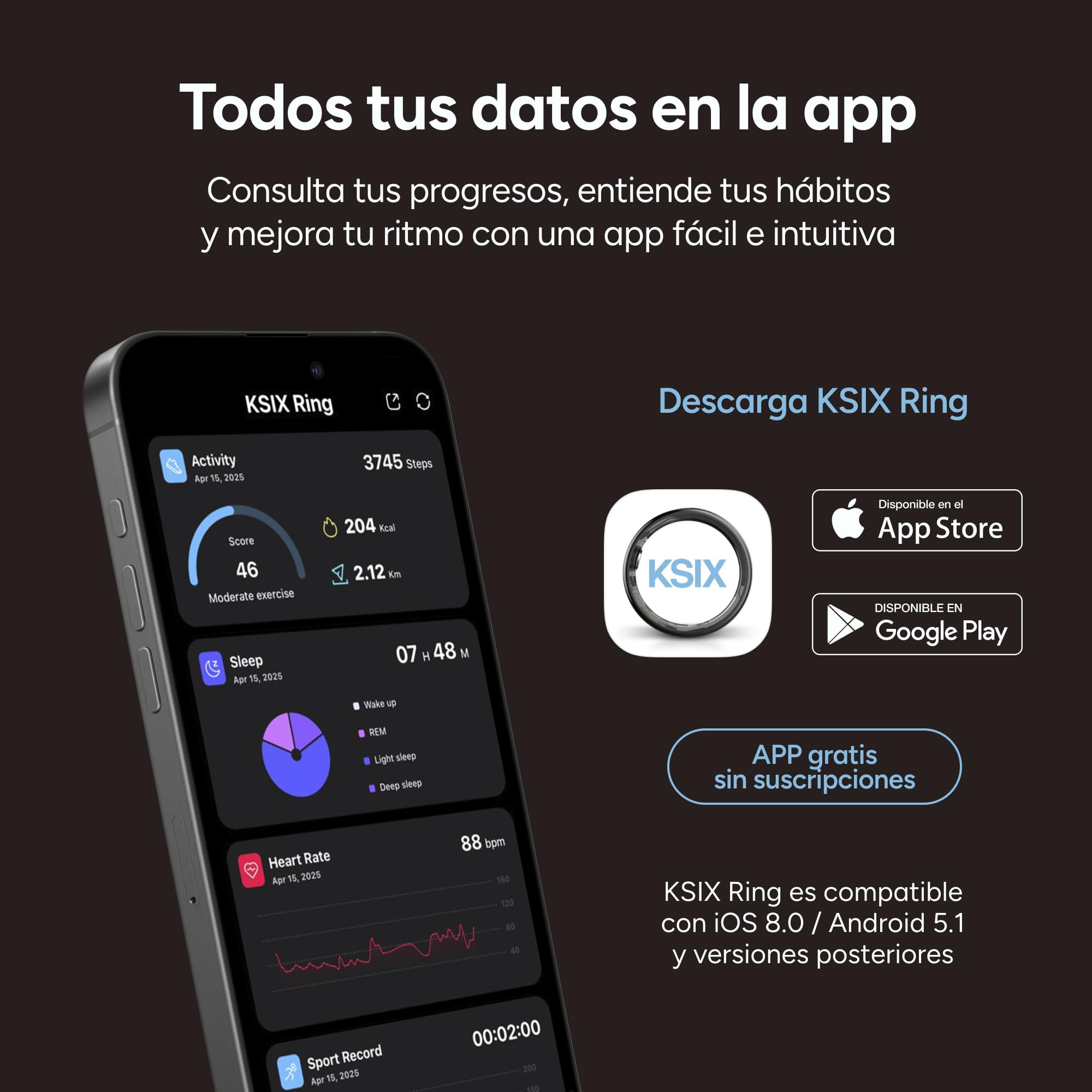 KSIX Vitalis Go Smartband sin Pantalla, Monitor Frecuencia Cardíaca, Oxígeno, Temperatura, Sueño, Estrés, 5 ATM, 30 Días Autonomía, 2 Correas Verde y Beige