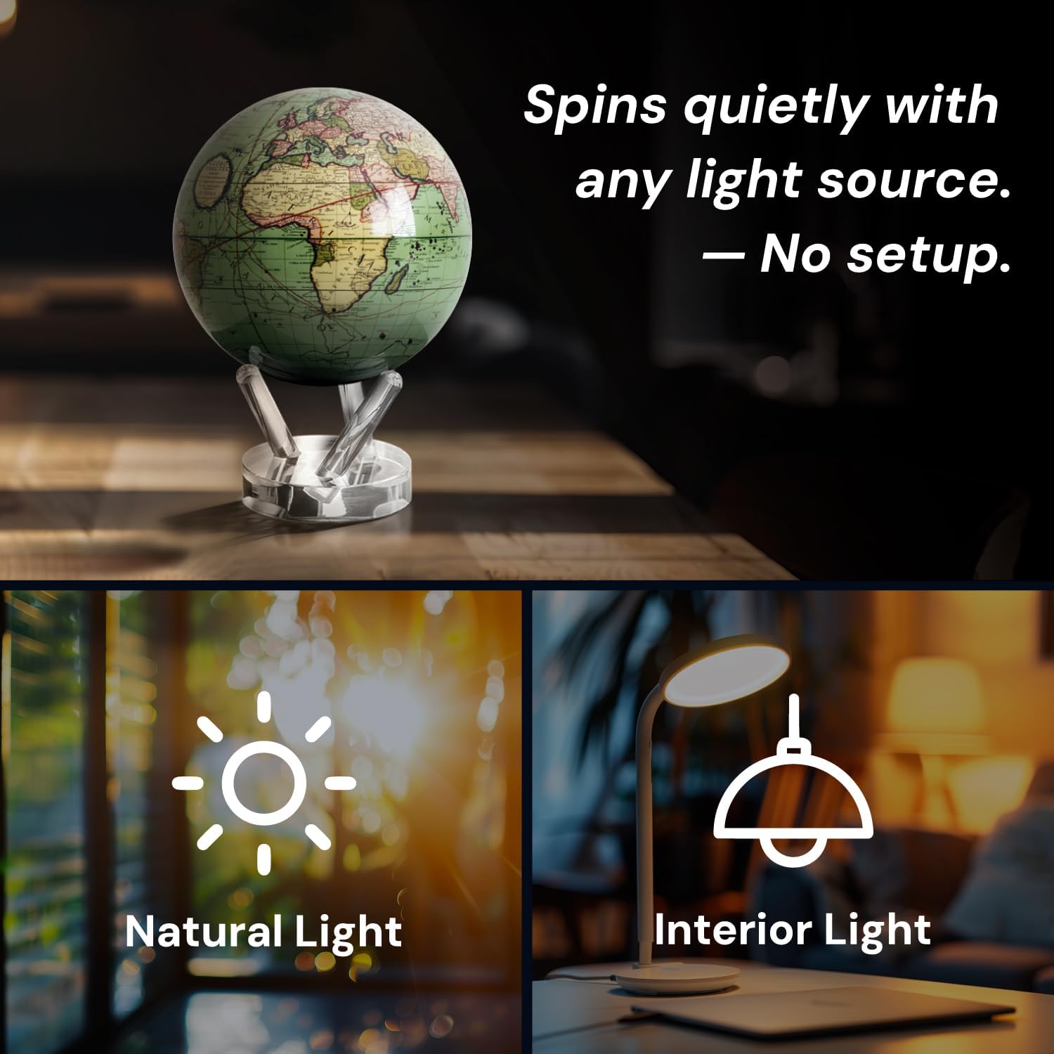 MOVA Globe - Antique Cassini Green Classic (4.5") | Solar Powered Rotating Desktop Globe | Classic Decorative Gift | No Wires or Batteries | Silent Motion Decor