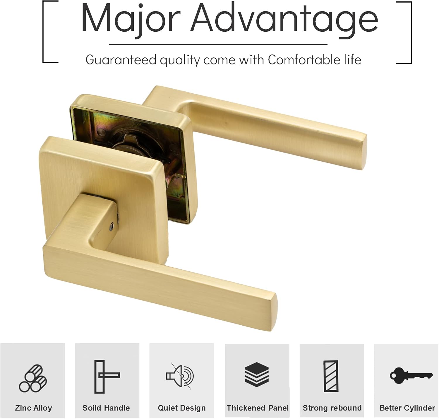 Linkaa Passage Door Handles Brushed Gold Door Lever Satin Brass for Hall or Closet, Keyless Door Knob, Square Interior Door Handle Heavy Duty Zinc Alloy (1, Passage (No Lock)，Brass Gold)