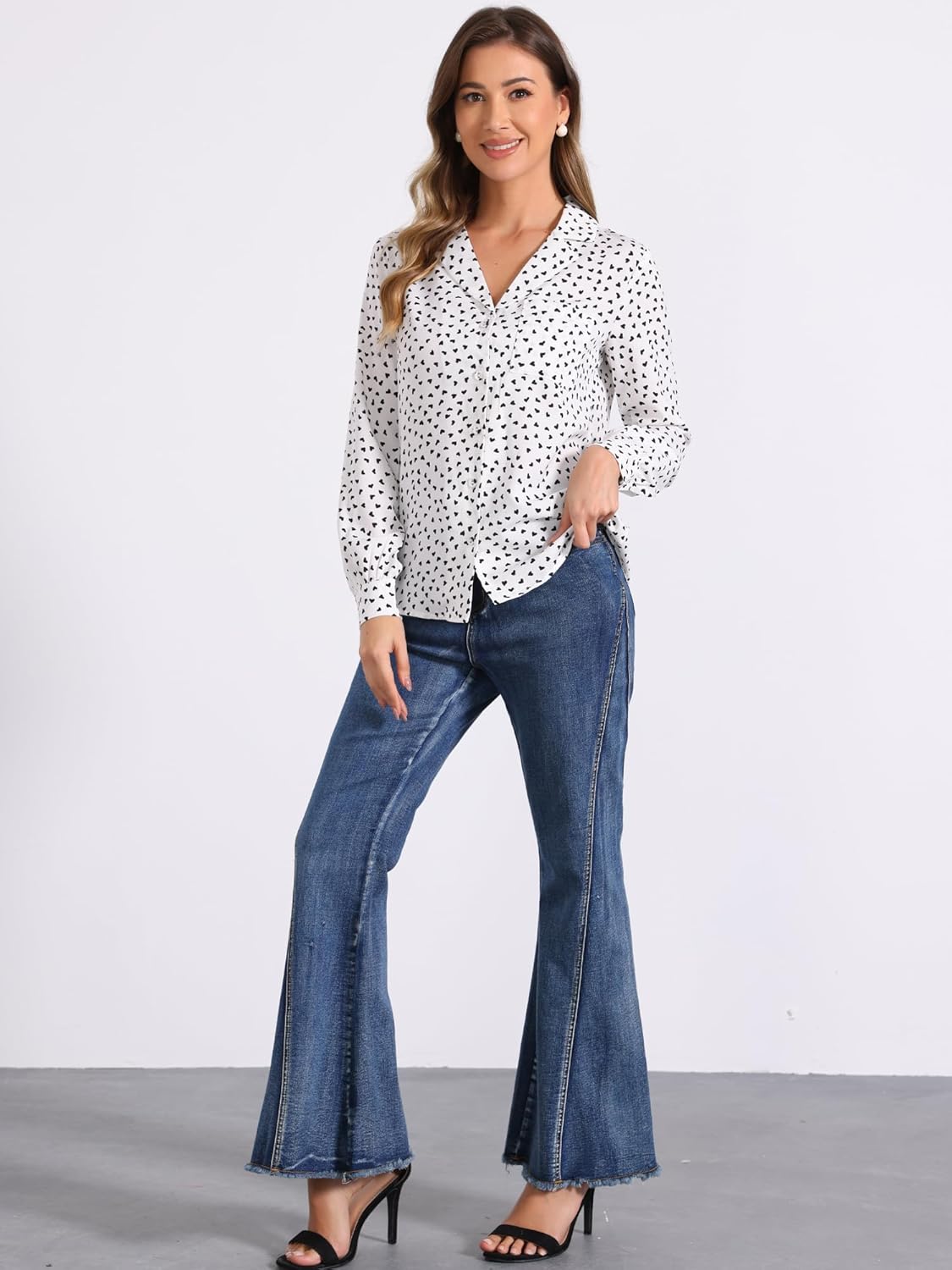 Allegra K Women's Valentine Top 1950s Vintage Long Sleeve Printed Button Down Tops - Image 2