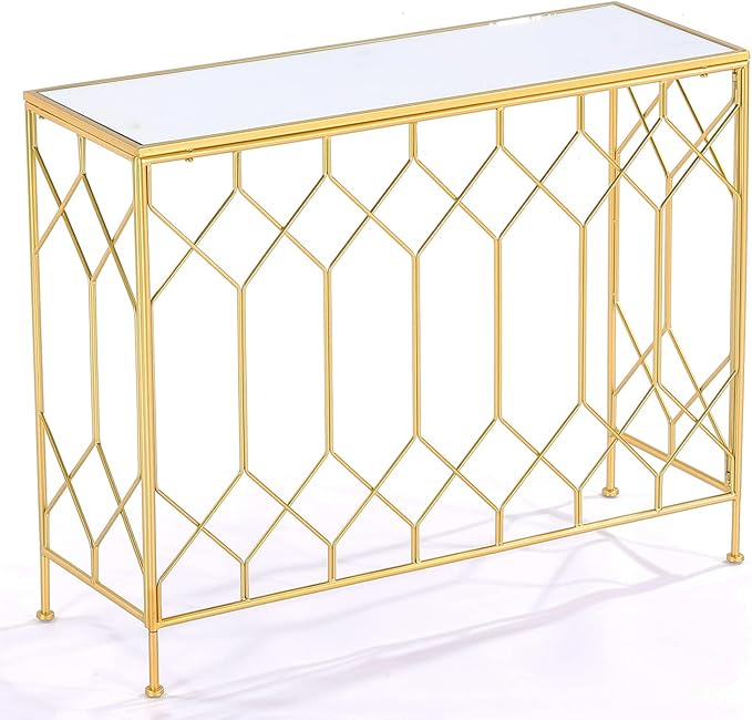 40" Modern Glass Console Table, Gold Sofa Table with Mirror Tempered Glass Top