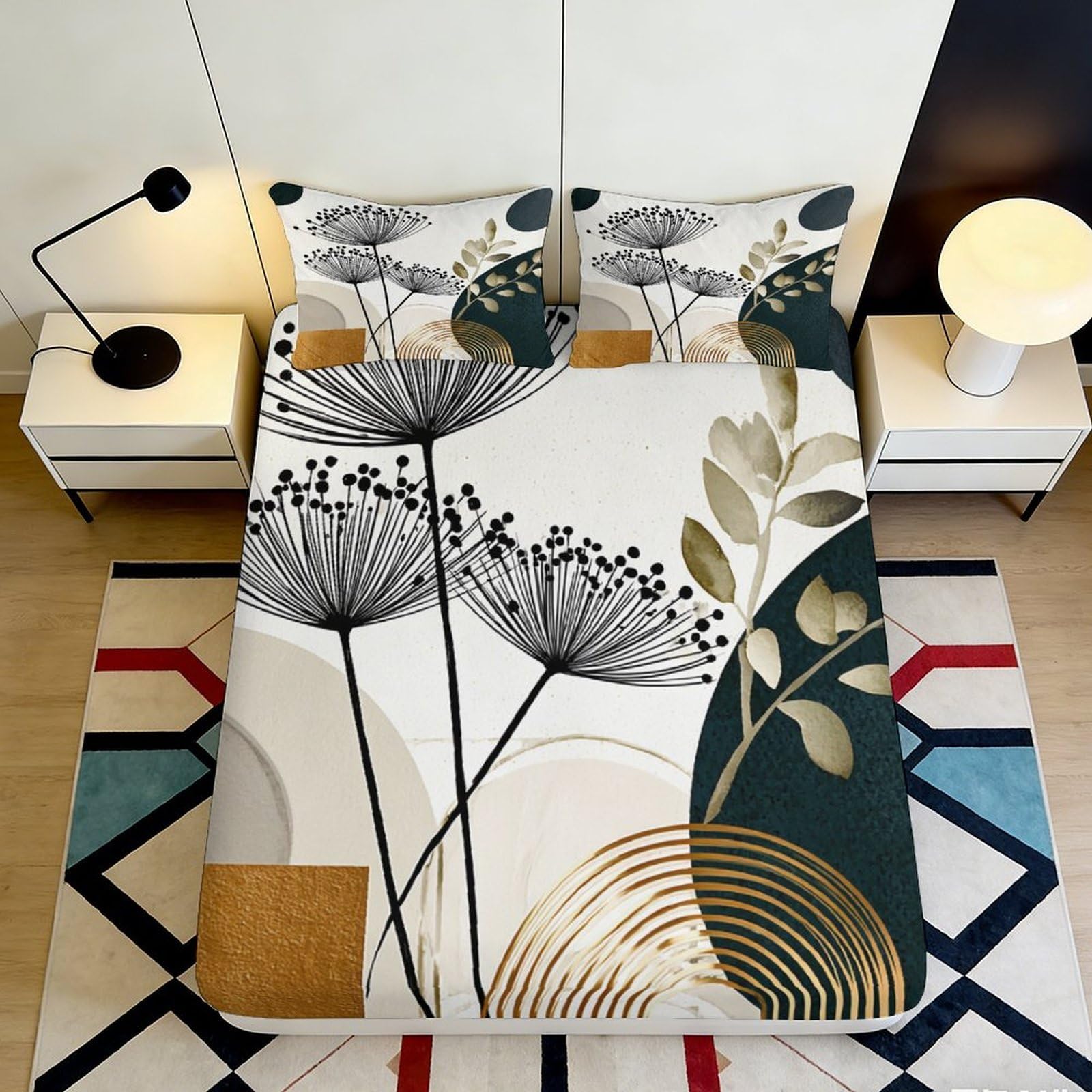 3D Printed Abstract Floral Fitted Sheet Microfiber Soft Breathable Geometric Bed Cover for Bedroom Dormitory Guest Room Mattress Protection 90x200x25cm