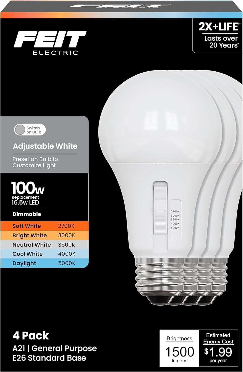 Feit Electric A21 LED Light Bulb, Adjustable White 2700K–5000K, Dimmable, 1500 Lumens, E26 Base, 25,000-Hour Lifetime (Adjustable White, 100 Watts)