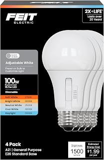 Feit Electric A21 LED Light Bulb, 100W Replacement, Dimmable, 5CCT Selectable Color Temperatures (2700K-5000K), 1500 Lumens, General Purpose Lightbulbs, 25,000-Hour Lifetime, OM100DM/5CCTCA/4, 4 Pack