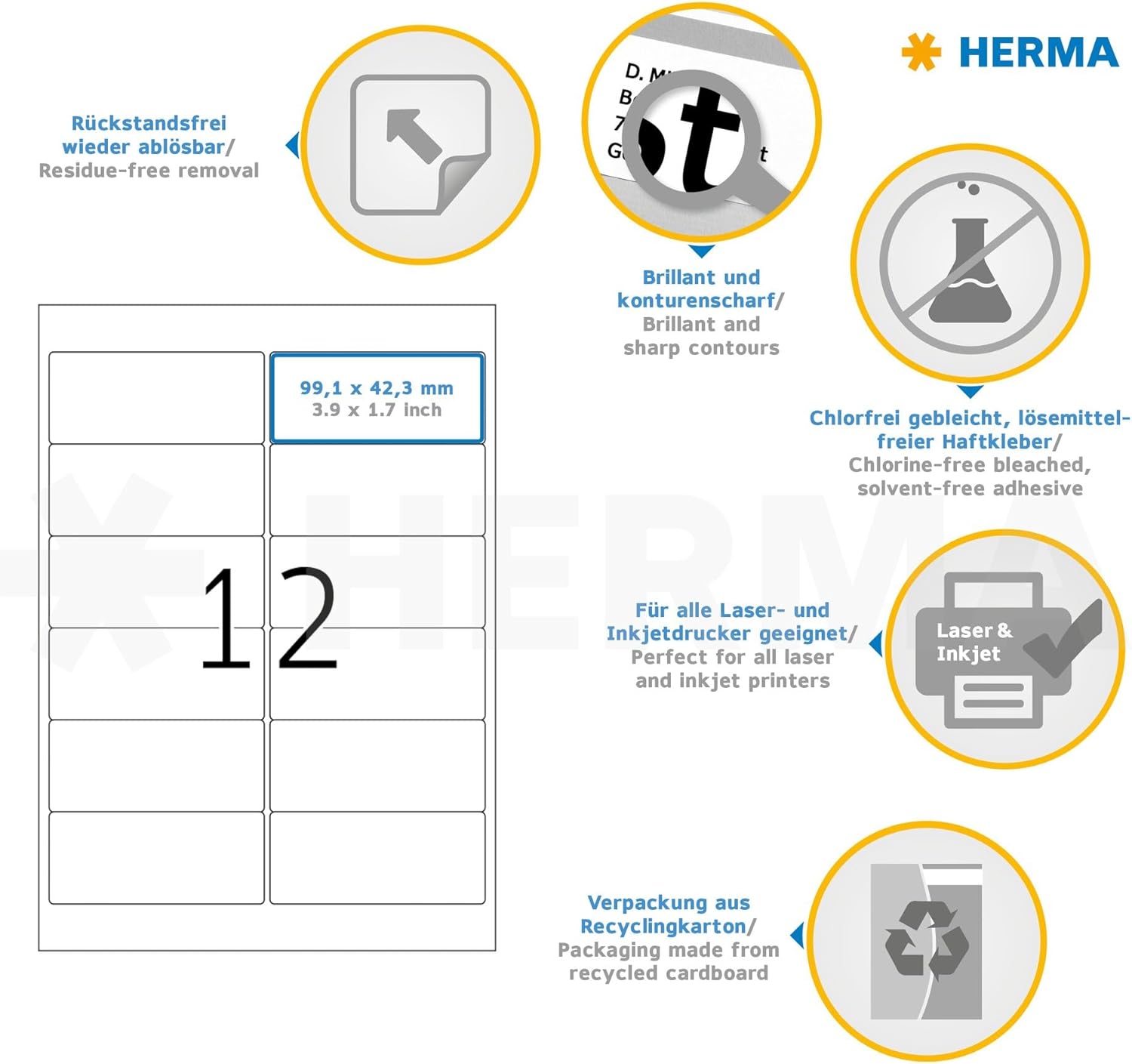 HERMA Self Adhesive Removable Address Mailing Labels, 12 Labels Per A4 Sheet, 300 Labels for Printers, 99.1 x 42.3 mm (10017), White