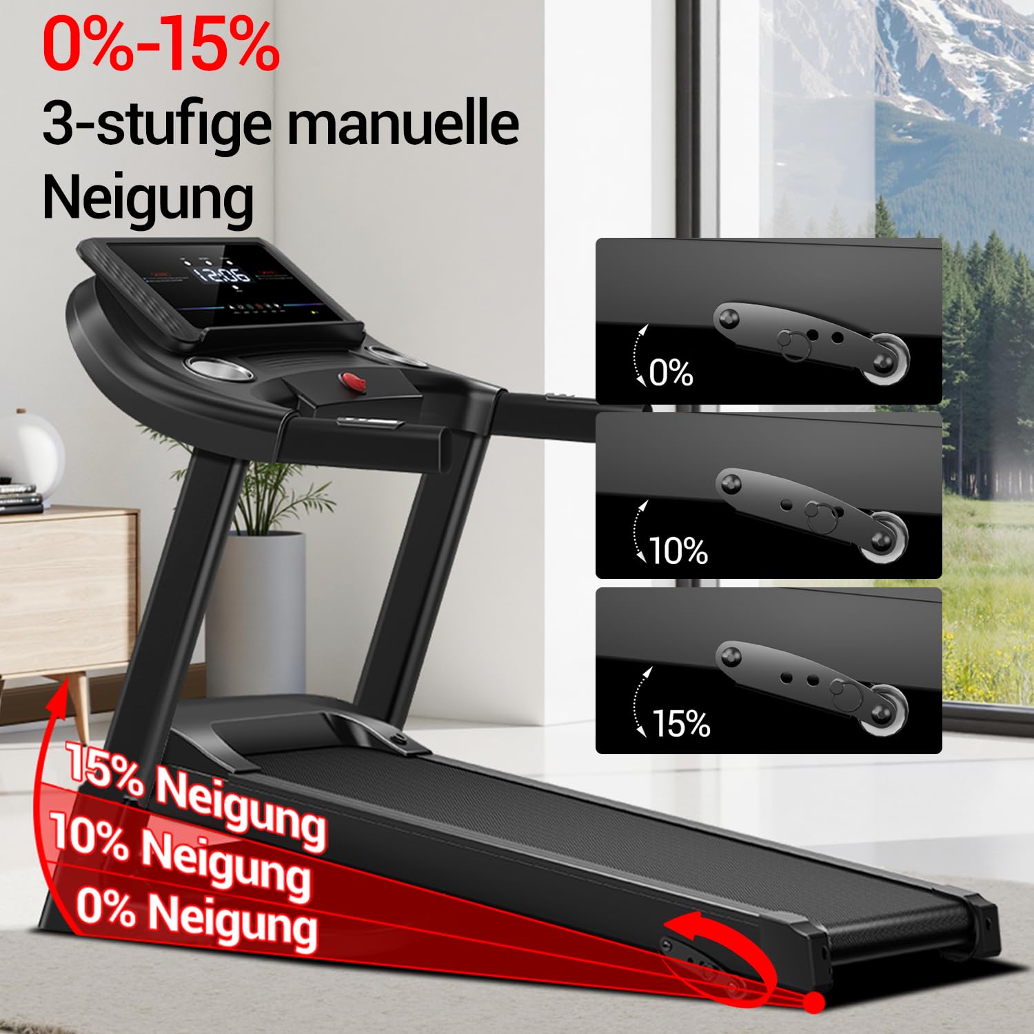 CURSOR Laufband für Zuhause mit 20% Automatischer Steigung, 14 KM/H | 14 KM/H Laufbänder mit 4-stufig verstellbarer Konsole, 3.5 HP Treadmill for Home mit LED-Anzeige, Max. 180 KG