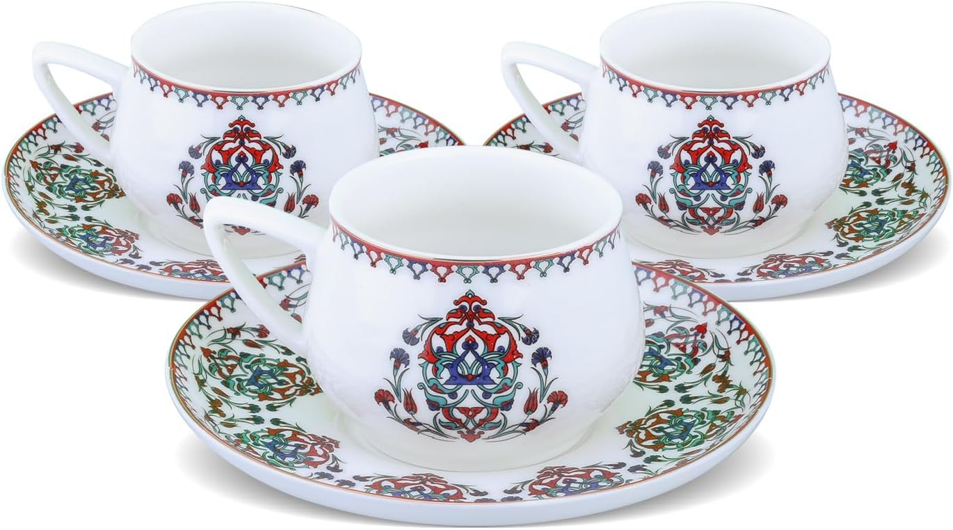 KARACA Nakkas Turkish Coffee Cup Set for 6 People - 12 Piece White Cups with Saucers - Small Porcelain Espresso Set - Ideal for Serving Greek, Arabic Coffee (100 ml)
