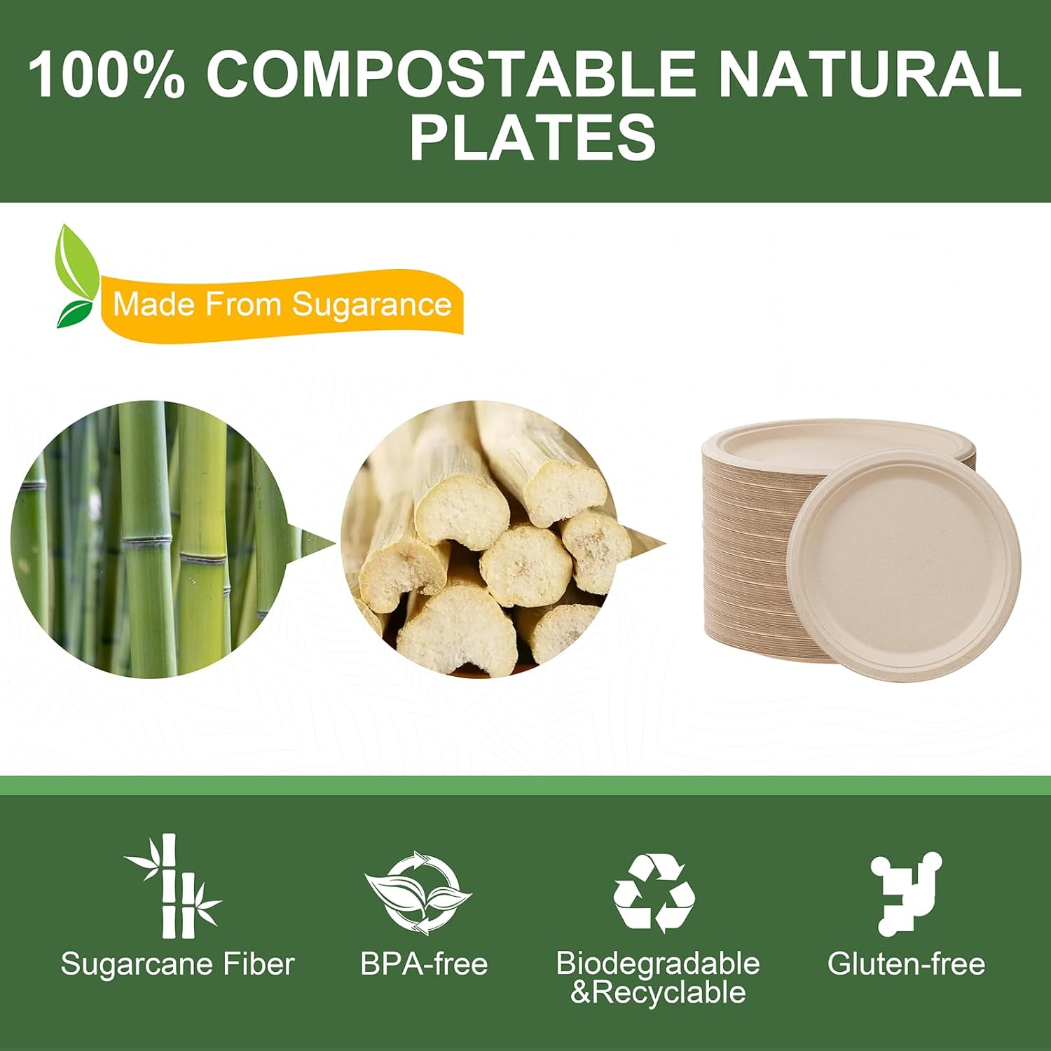 WELLIFE 100% Compostable Paper Plates 10 Inch, 125-Pack Heavy Duty Paper Plates Bulk,Biodegradable Bagasse,Eco-Friendly Disposable Dinner Plate for BBQ,Picnic,Party (BPI Certified,Microwaveable) - Image 4