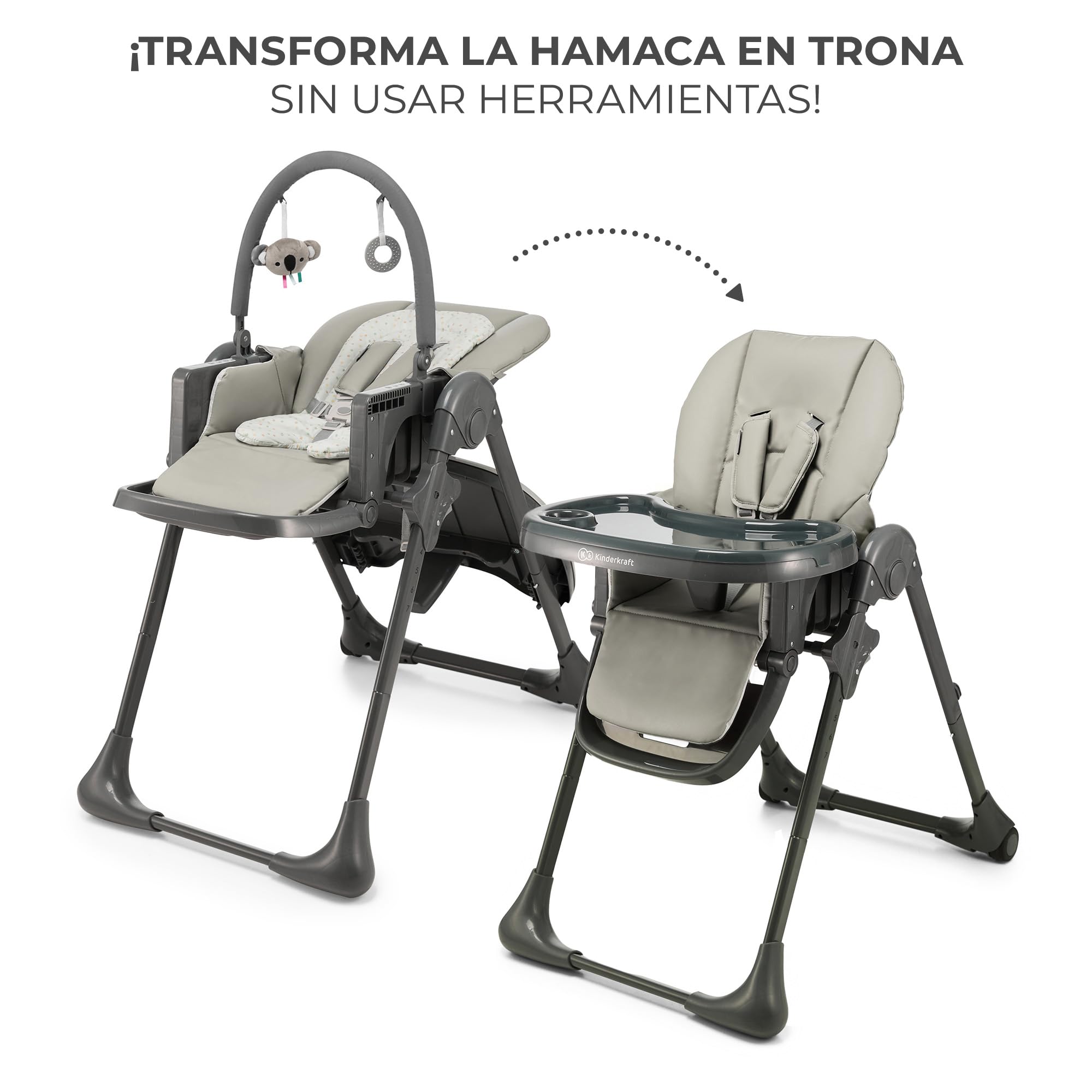 Kinderkraft TUMMIE Trona Bebé, 2 en 1, trona para niños, trona combinada, Asiento desde los primeros meses de vida, reposapiés, Posición tumbada, con juguetes, ajustable, Gris