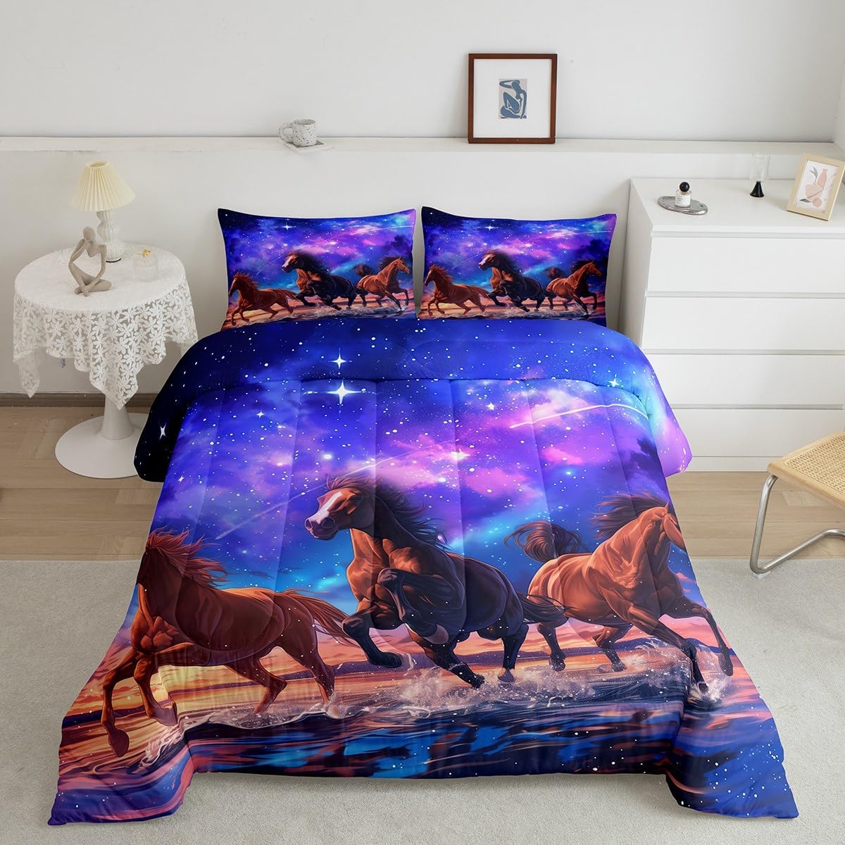 Kids Horse Queen Comforter Set Glitter Stars Bedding Set For Boys Girls,Psychedelic Galaxy Down Comforter Purple Space Universe Bed Set Brown Galloping Horse Quilted Duvet Animal Themed Home Decor