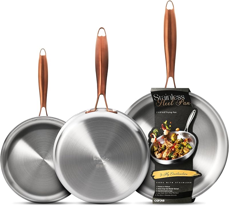CAROTE 3-Piece Tri-Ply Stainless Steel Frying Pan Set, Skillet Set 8"/10"/12", Induction Compatible, Oven & Dishwasher Safe, Gold Handle, Mothers Day Gifts