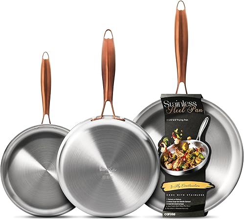 CAROTE 3-Piece Tri-Ply Stainless Steel Frying Pan Set, Skillet Set