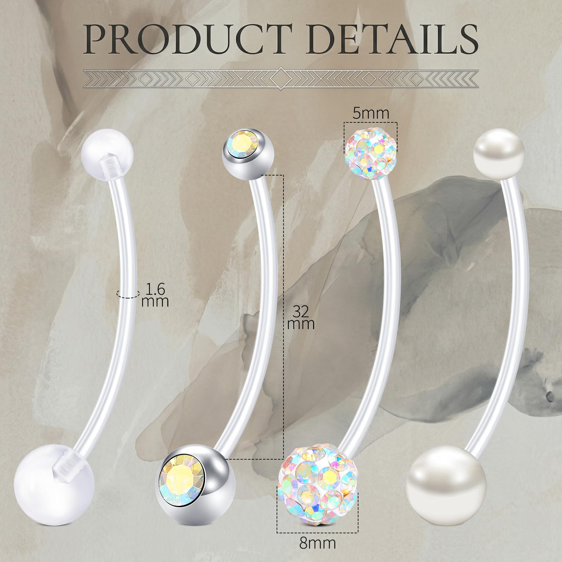 LAURITAMI 4 szt. ciążowe pręty do brzucha ciążowe 14G (1,6 mm) długość 32 mm/38 mm przezroczysty plastikowy kolczyk do pępka biżuteria dla kobiet