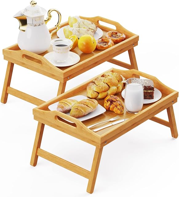 Breakfast in Bed Tray for Eating, 16.92 x 12.6 Inch Bed Table Tray with Folding Legs & Handles, Bamboo Food Lap Trays Fits for Adult Kids Eating/TV/Surgery Recovery by Easoger