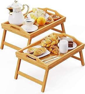 2 Pack Bed Trays for Eating, 16.92 x 12.6 Inch Bed Table Tray with Folding Legs, Bamboo Breakfast in Bed Tray, Food Trays Fits for Adult Kids Eating Snack and Laptops TV by Easoger