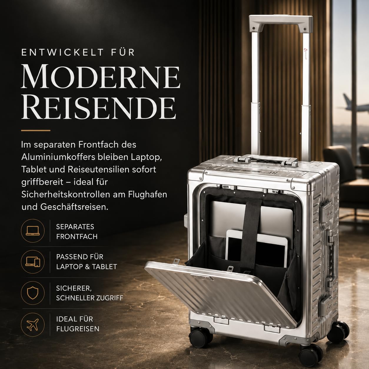 Aerolite Premium Aluminium Koffer 55x38x23, Handgepäck ohne Reißverschluss