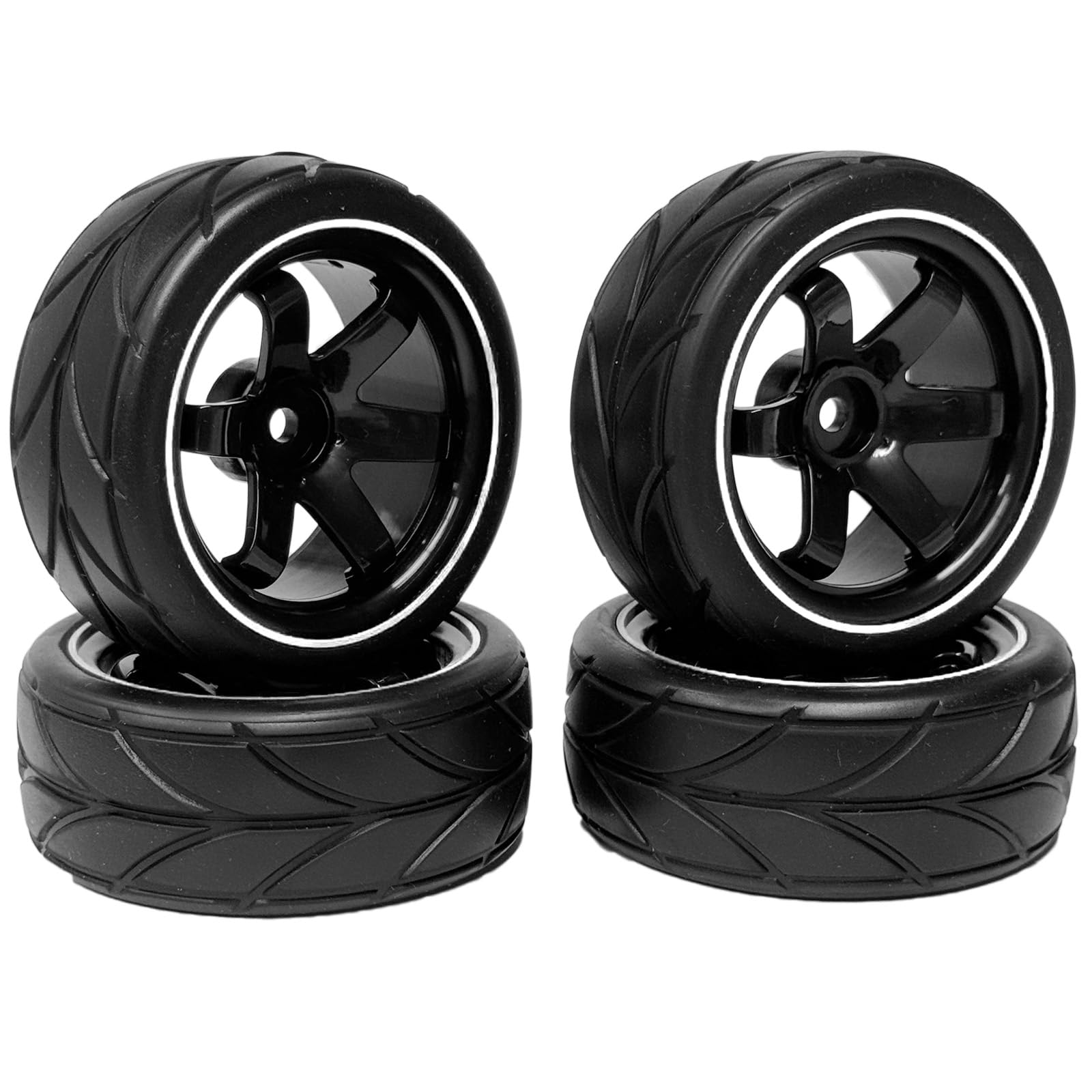 KINGCOO RC Car Tyres and Wheels Set, 4PCS 64mm Rubber Tires and Plastic 6 Holes Wheel Rims Set 12mm Hex for 1/10 RC On Road Run-flating Touring Racing Drift Car Tyre (6Spoke-Black Silver) — image 1