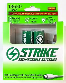 18650 Battery Lithium Ion 2 Pack BMS Protected Smart LED 3.7V 8100mWh USB-C Rechargeable with Charging Cable, No Charging ...