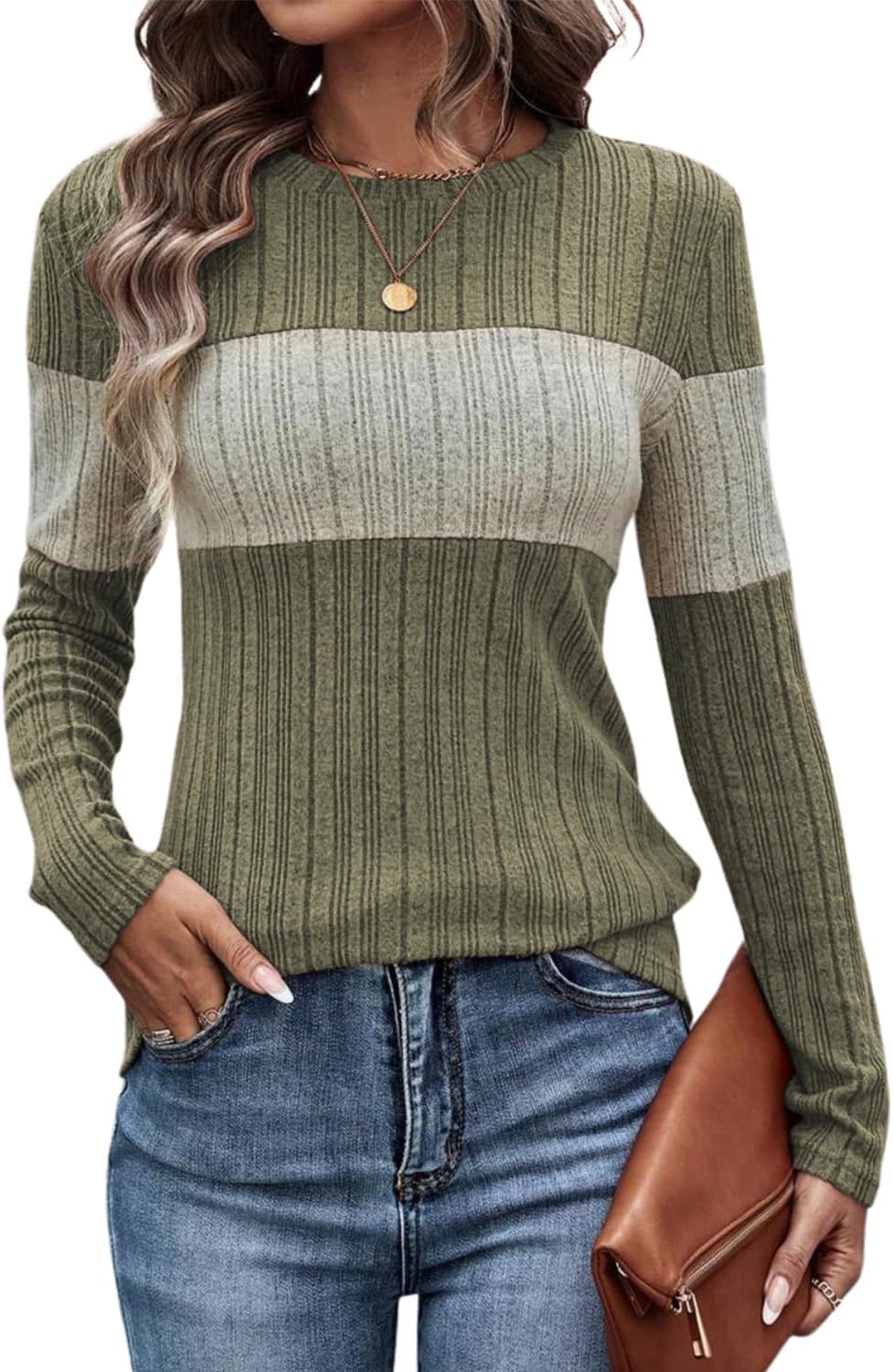 Women Knit Color Block Striped Long Sleeve Sweaters Crew Neck slim Trendy Striped sweater sweatshirts