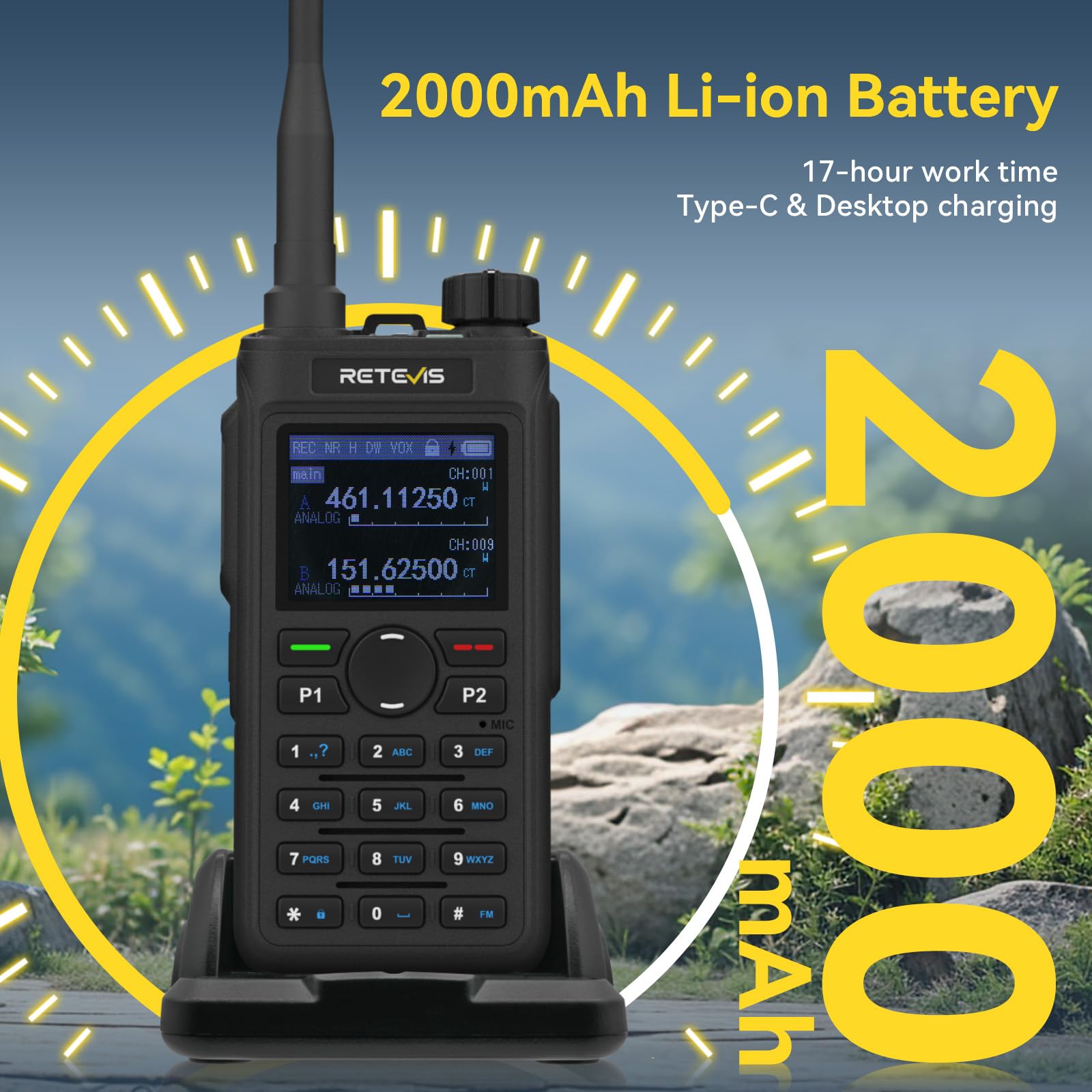 Retevis C62 Ham Walkie Talkie, 2-drożne radio o dużej mocy i dalekim zasięgu, latarka, 2000 mAh, typ C, do wędrówek, polowania, biwakowania, czarne