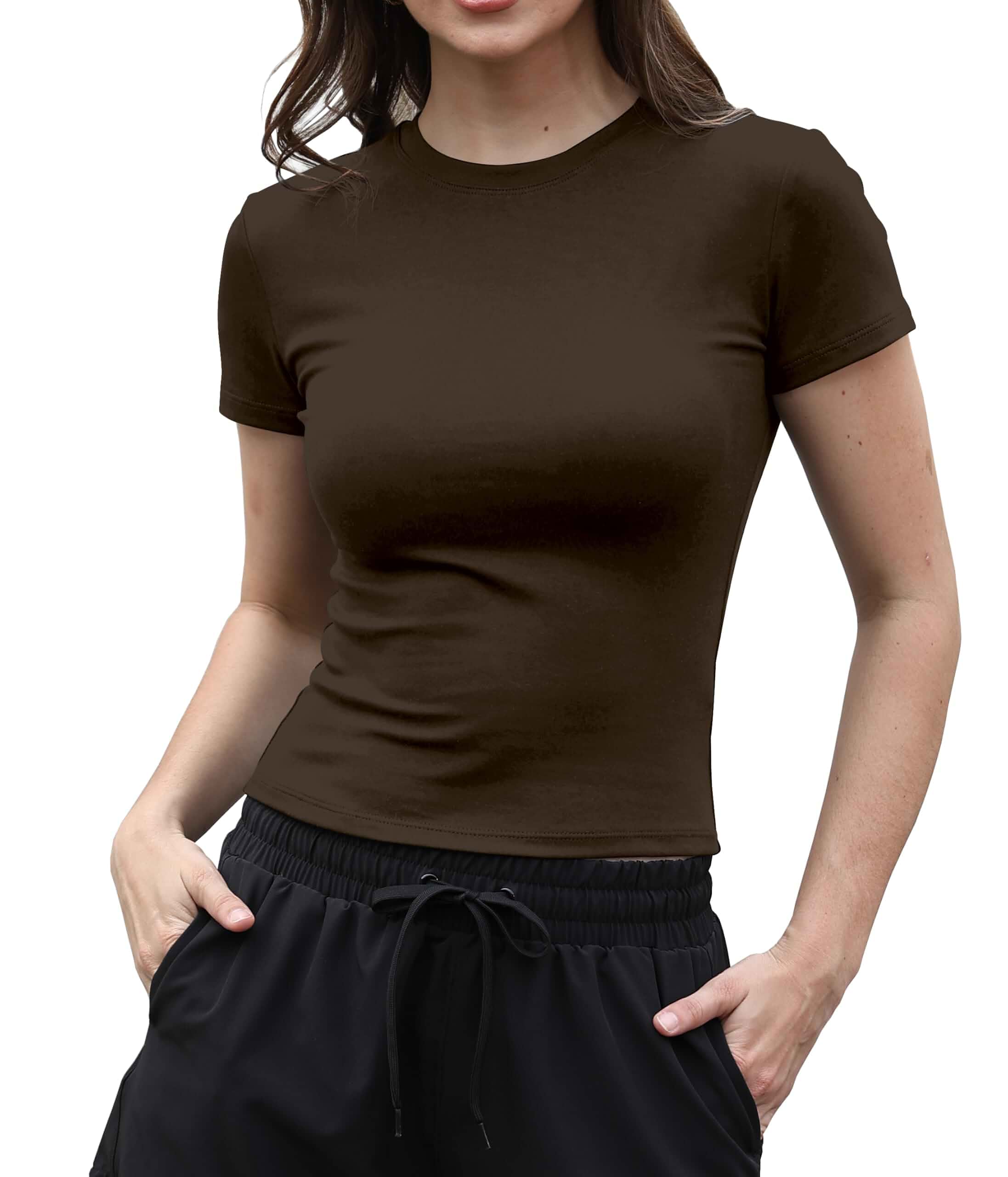 Dwnval Women's Soft Cotton Modal Baby Tee, Crop Tops Slim Fitted Short Sleeve Crop Top, Lightweight Crew Neck Fall Basic Shirt