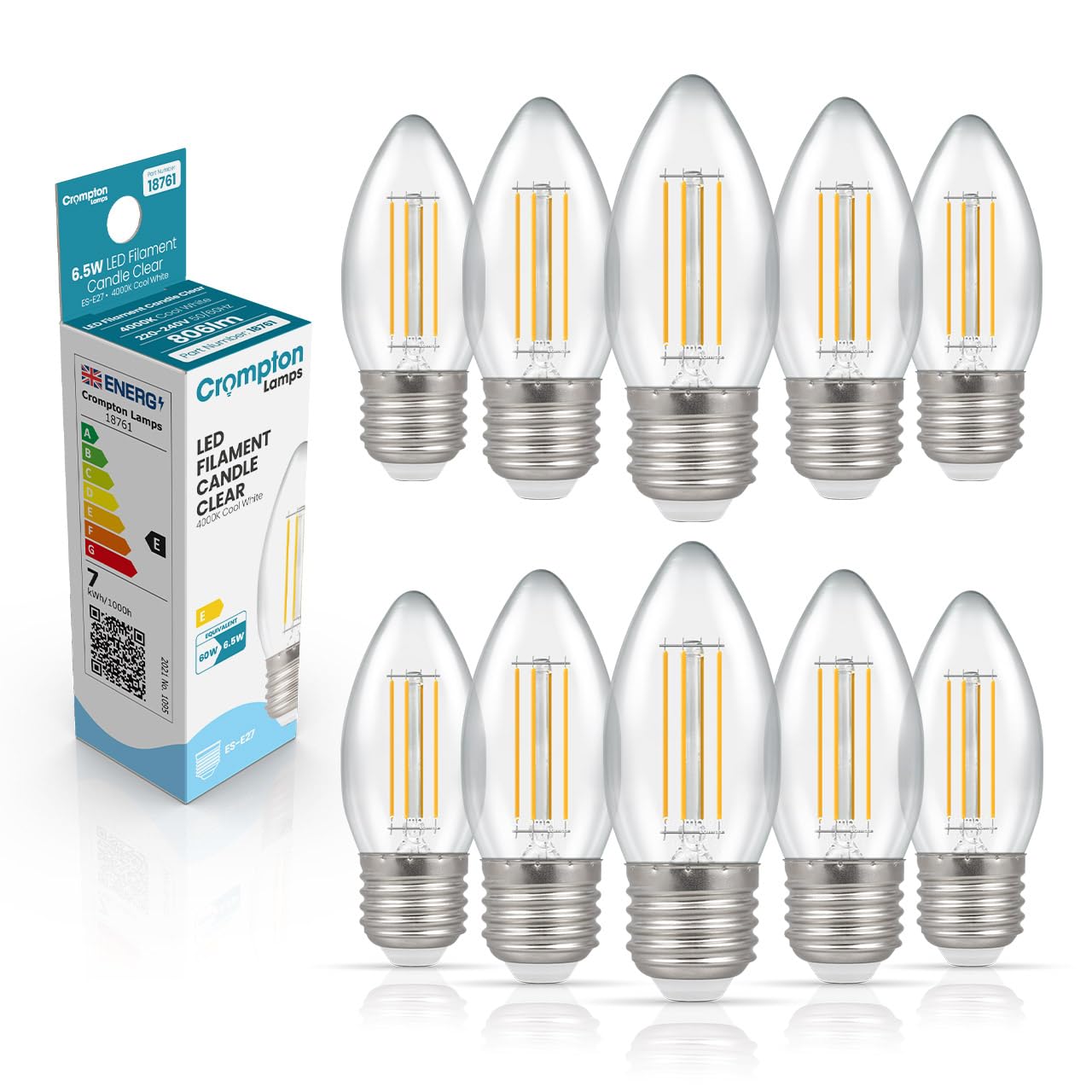 Crompton Lamps Filament Candle LED Light Bulb ES-E27 | 6.5W = 60W Equivalent | Cool White 4000K | Energy Efficient | Edison Screw Lightbulb | Long Life 15,000-Hrs | Clear Glass | Dimmable | 10-Pack