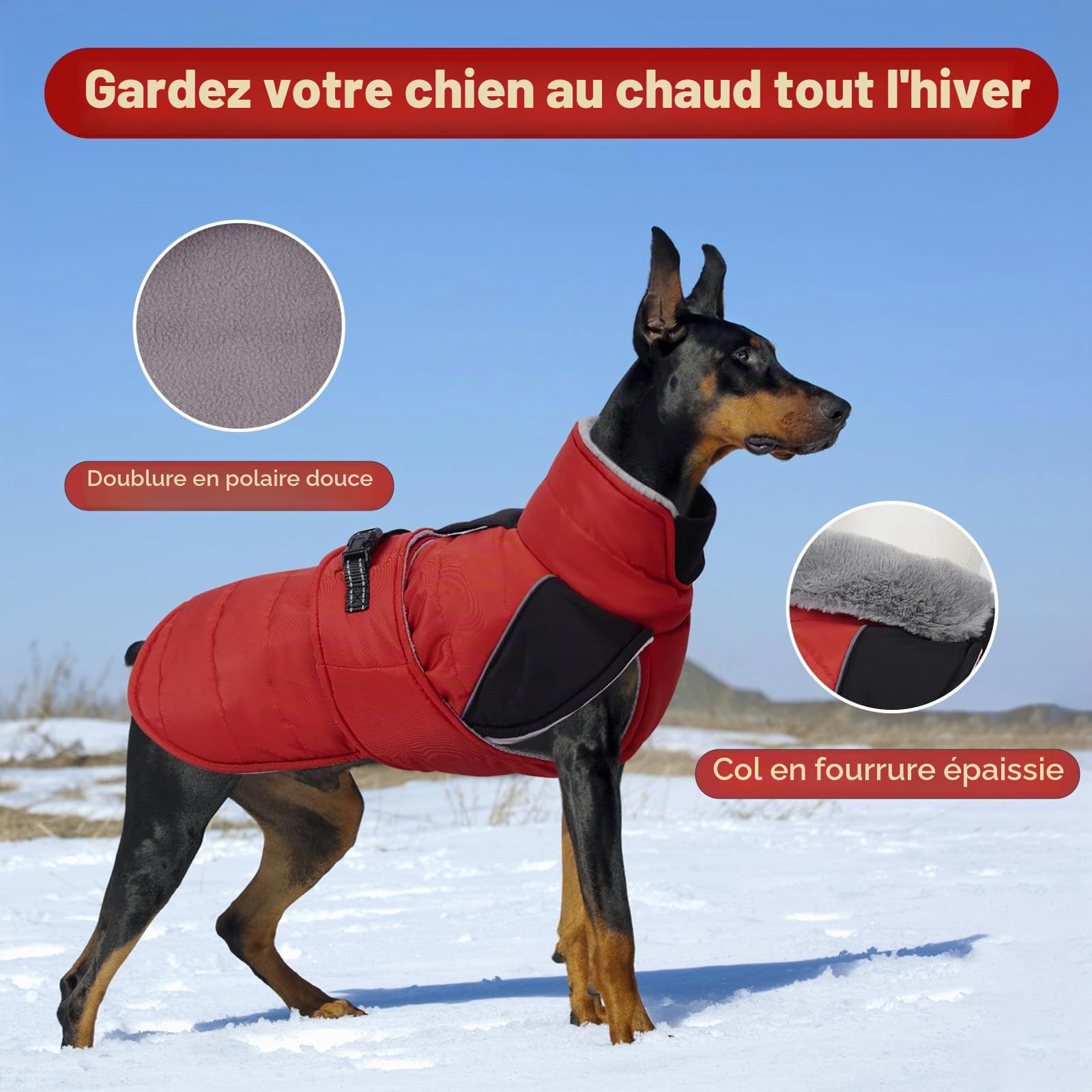 Lelepet Manteau d'hiver imperméable et chaud avec bandes réfléchissantes, doublure en polaire, ajustement réglable pour chiens de très grande taille, gilet coupe-vent pour temps froid, rouge, taille