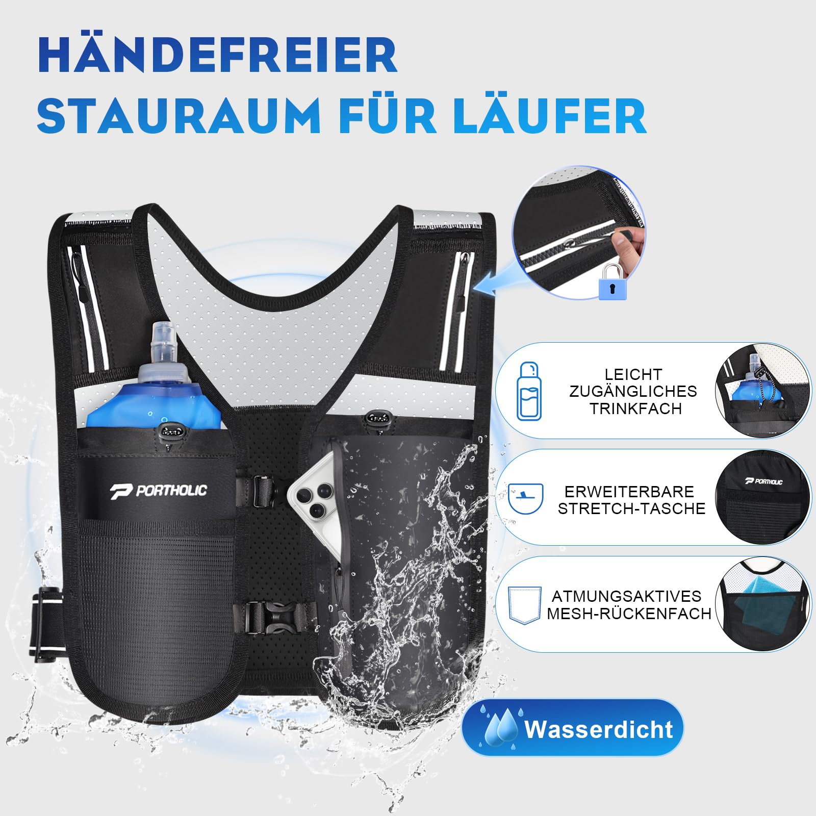 PORTHOLIC Gilet da corsa da uomo e donna, con 2 bottiglie da 500 ml, luce a LED, riflettente a 360°, impermeabile, leggero e regolabile, per jogging, trail running, trekking, maratona