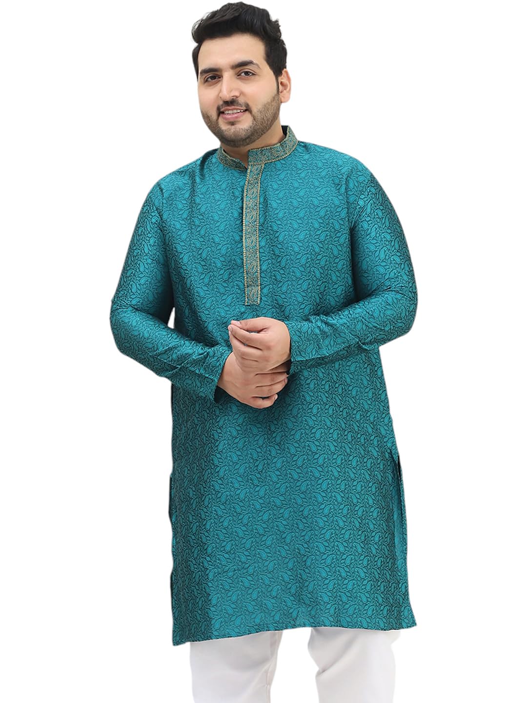 Sojanya Plus (Since 1958) Men's Silk Blend Teal Green Self Design Only Long Kurta