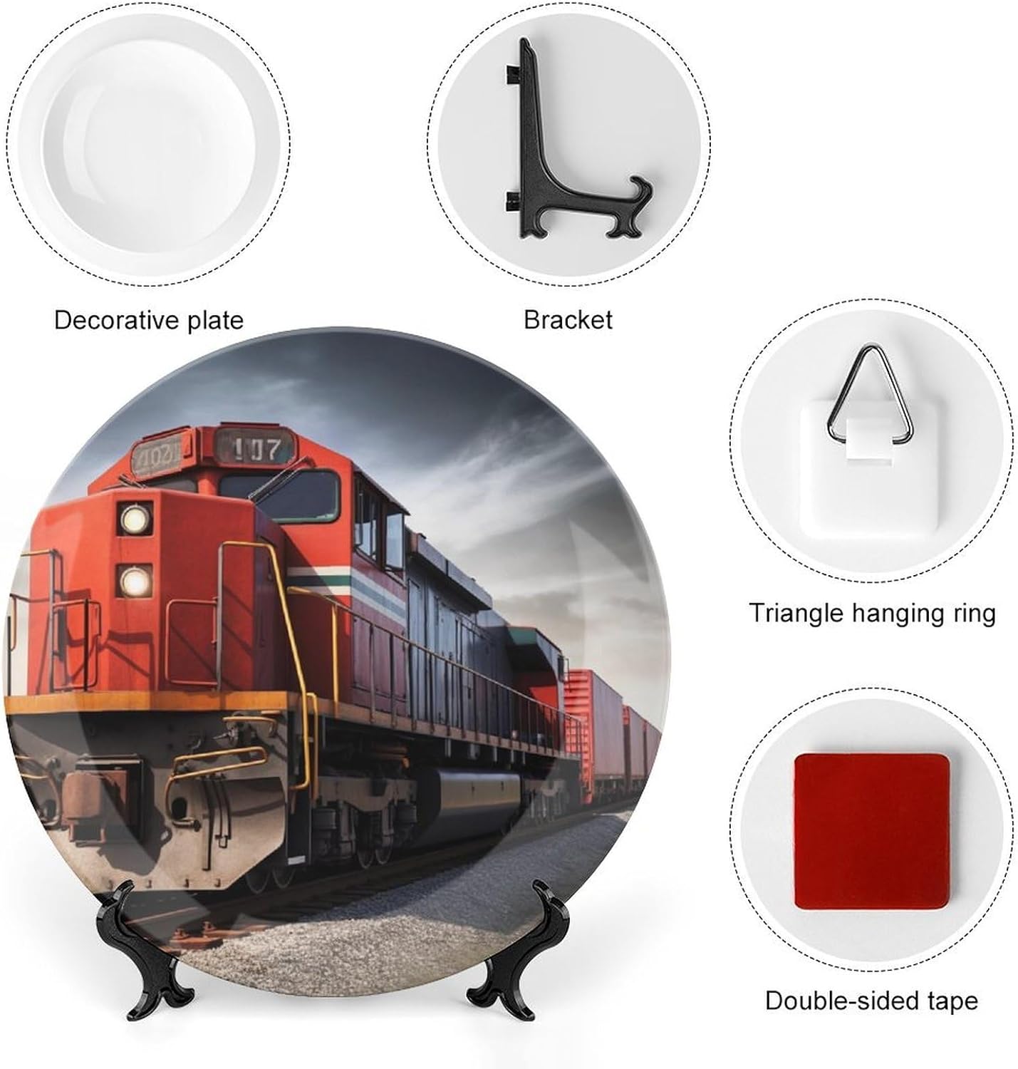 Train Ceramic Decorative Plate for Home, Bone China Plates | Chinese Style Decorative Dish with Stand, Dinner Plates Art Crafts for Wall Decor, Collections Plate with Hook 8inch
