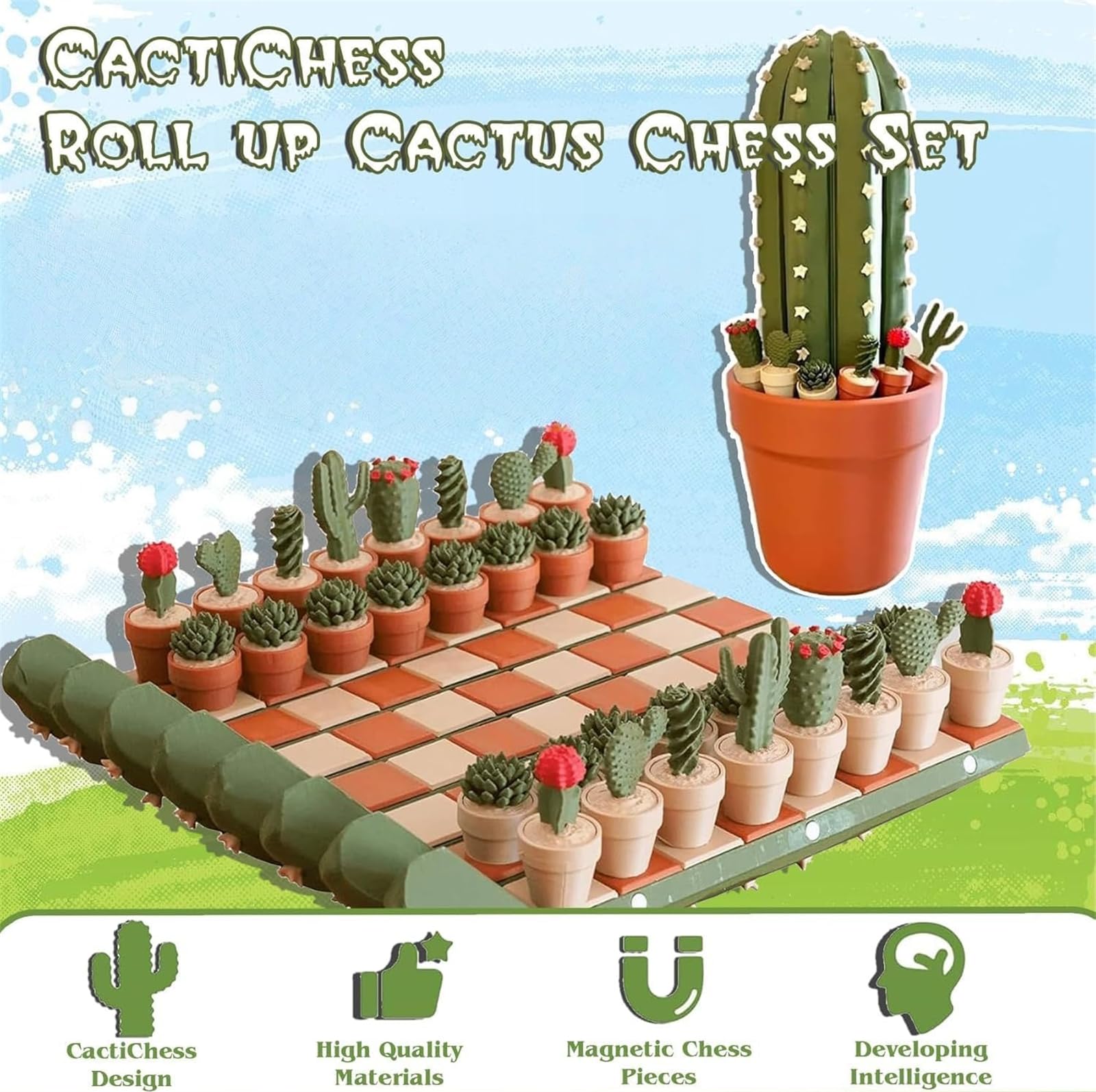 3D Printed 32PCS Cactus Chess Board Set, Magnetisches Kaktus‑Schachspiel, Schachbrett im Sukkulenten‑Design, Geschenk für Kinder und Erwachsene