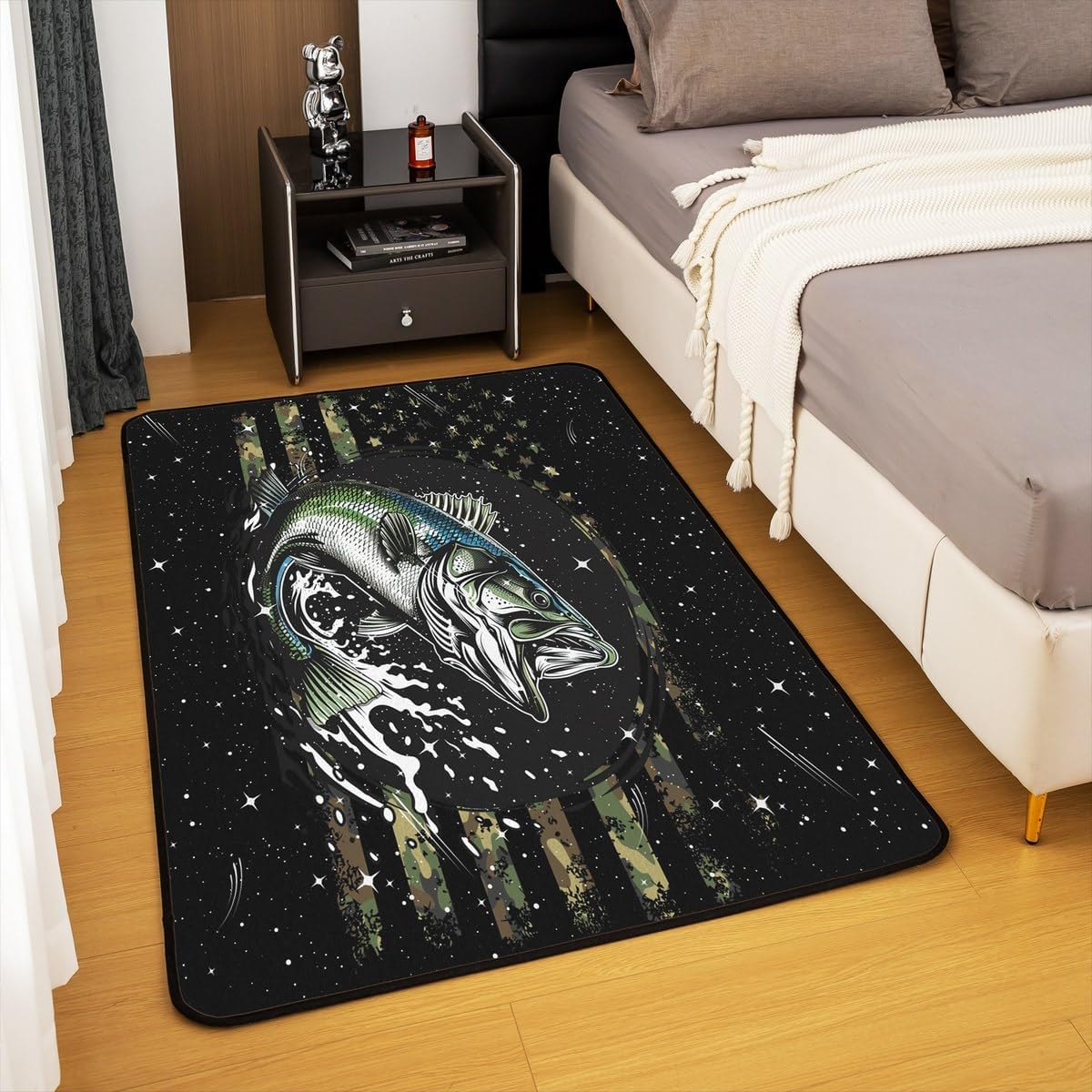 Feelyou Pike Fish Rugs for Living Room Bedroom 3x5 Bass Big Fish Area Rug for Kids Boys Girls Decor American Flag Decorative Carpet Set Glitter Fish Black Indoor Floor Mat