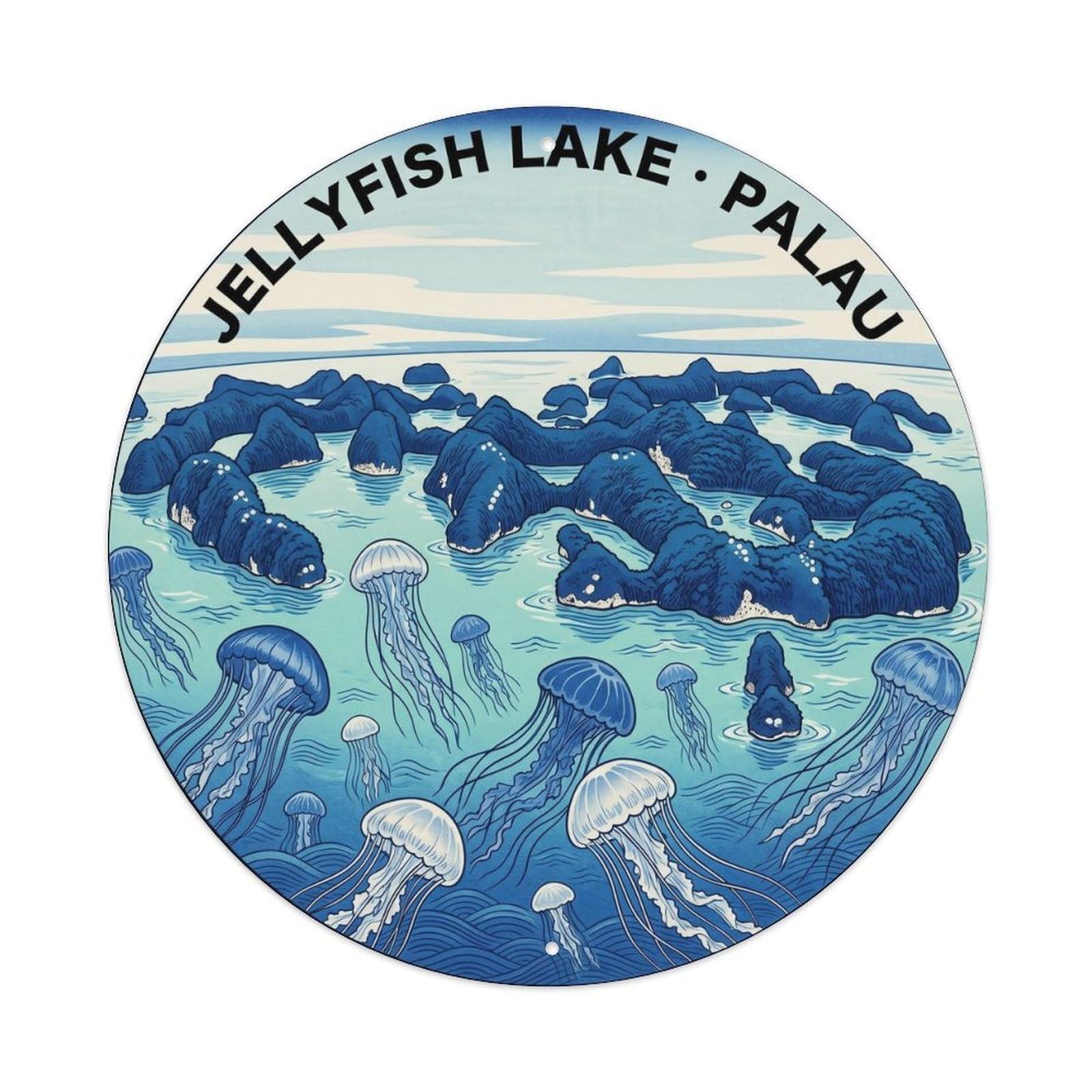 Olyhtr 8X8inch Classic Style Aqua Palau Jellyfish Lake Cobalt Woodblock Reef Metal Tin Sign
