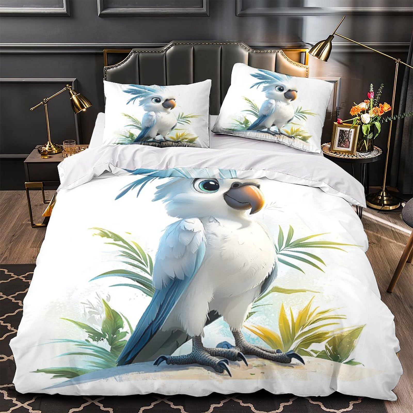 Housse de couette perroquet 3D drap de couette microfibre 200x200 avec taies d'oreiller