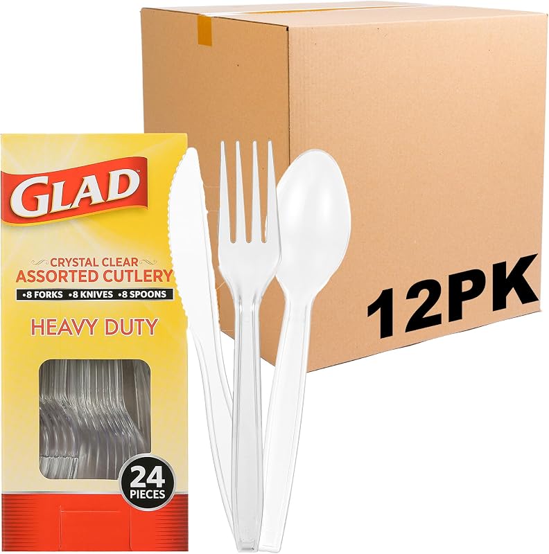 Glad Clear Disposable Cutlery Set, Forks Knives and Spoons, 24 Count, 12-Pk | Heavy-duty, dishwasher-safe plastic utensils reusable for parties and everyday meals