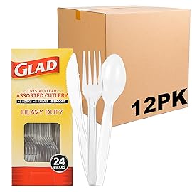 Glad Crystal Clear Assorted Plastic Cutlery Forks - Heavy Duty Disposable Silverware for Tabletop - Forks, Knives, Spoons, 24 Count - 12 Pack