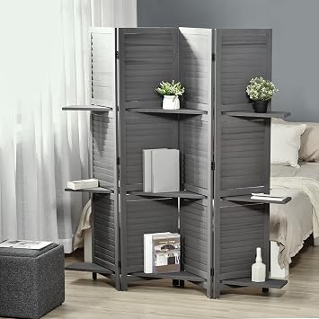 4-Panel Folding Room Divider with Shelves, 5.6 Ft Freestanding Paulownia Wood Privacy Screen Panel with Storage Shelves for Bedroom or Office, Gray