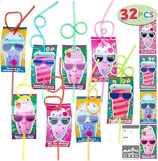 JOYIN 32 Pack Valentines Day Gift Cards with Gift Colorful Crazy Loop Reusable Drinking Straws for Classroom Exchange Prizes, Valentine Party Favors