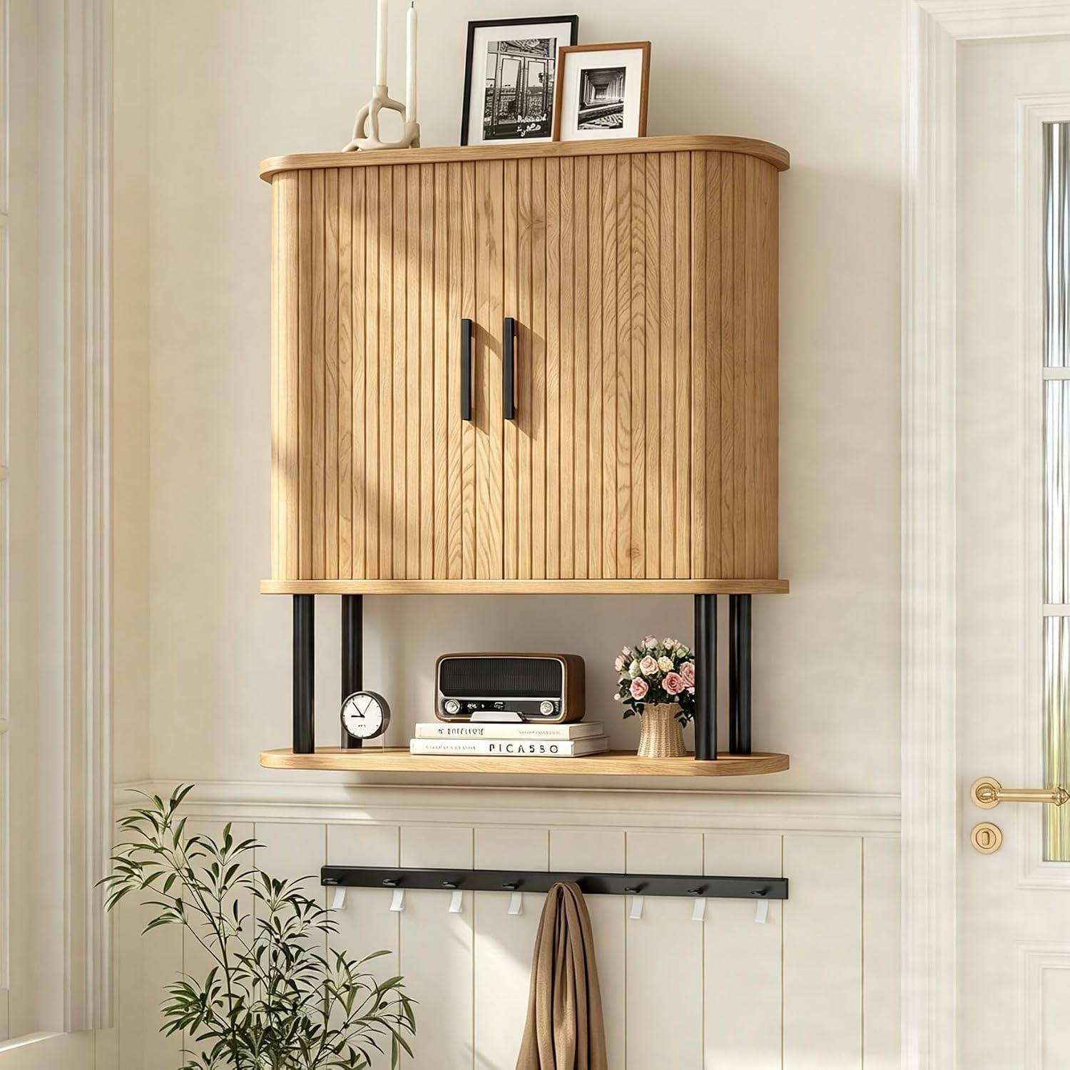 Fluted Bathroom Wall Cabinet with Tambour Sliding Door, Natural