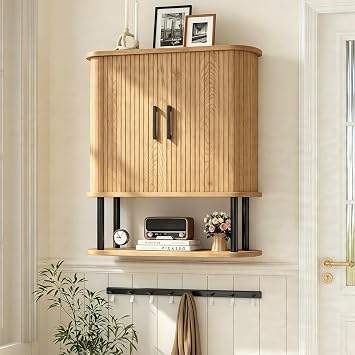 Fluted Bathroom Wall Cabinet with Tambour Sliding Door, Natural