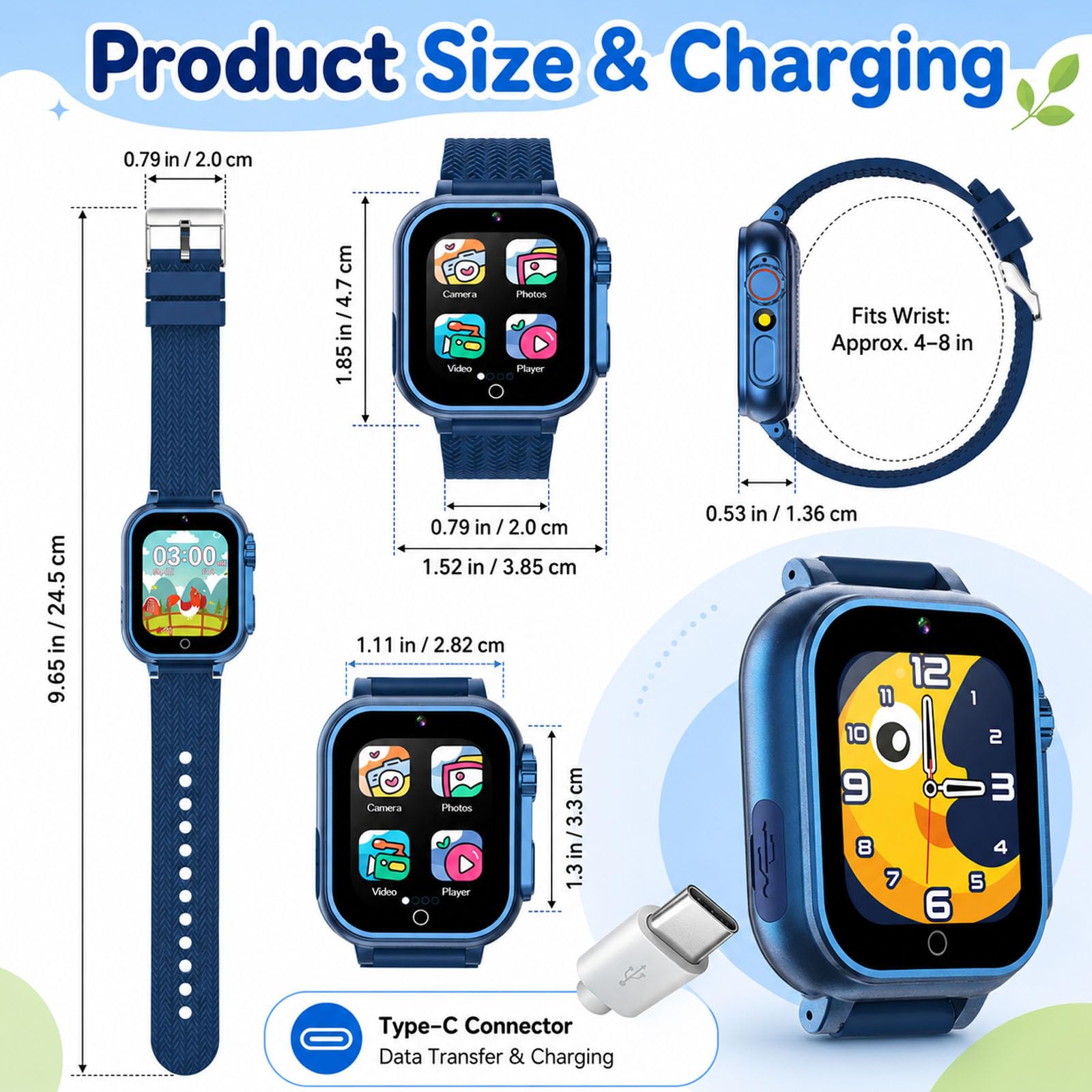 Orologio intelligente per bambini per ragazze e ragazzi dai 4 ai 10 anni, blu | 26 giochi integrati, touch screen HD, videocamera, lettore musicale, allarme