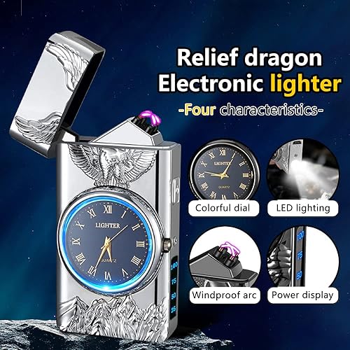 Miniatura 3 de GADATOP Eagle - Encendedor eléctrico de plasma USB, multifuncional, resistente al viento, encendedor de metal de moda con esfera luminosa de reloj