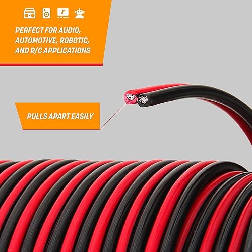 Miniatura 2 de GS Power Cable de cobre puro 20 AWG (calibre de cable americano) de 100 pies rojo y negro de 100 pies, cable de altavoz de alimentación para audio