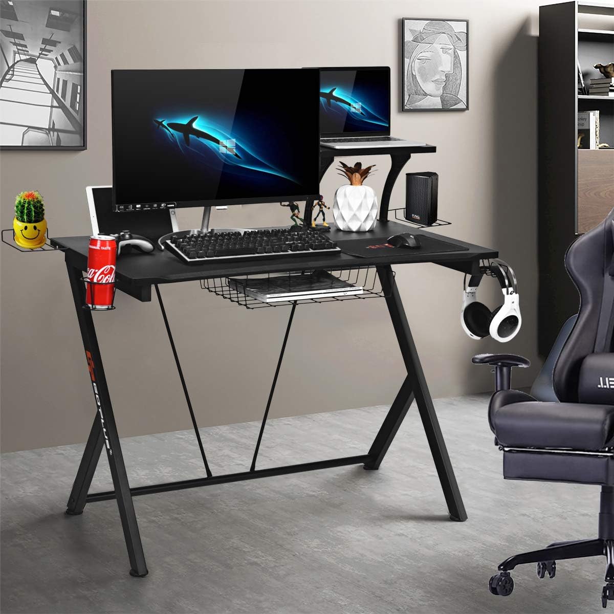 POWERSTONE Gaming Desk 52“ - Computer Desk with Monitor Shelf Storage Basket Cup Holder Speaker Holder & Headphone Hook Racing Style Gamer PC Workstation