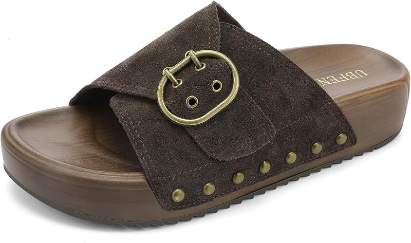 UBFEN Womens Platform Slide Sandals | Real Leather,Buckle Sandals with Cushioned Flatform Footbed,Comfortable for Walking,Arch Support,Casual Styling