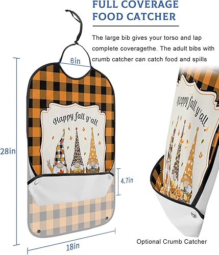 Miniatura 2 de QueenKer Funny Adult Bibs for Eating, Happy Fall Y'All Gnome Orange Black Plaid Waterproof Clothing Protector Washable Adult Bib with Crumb Catcher