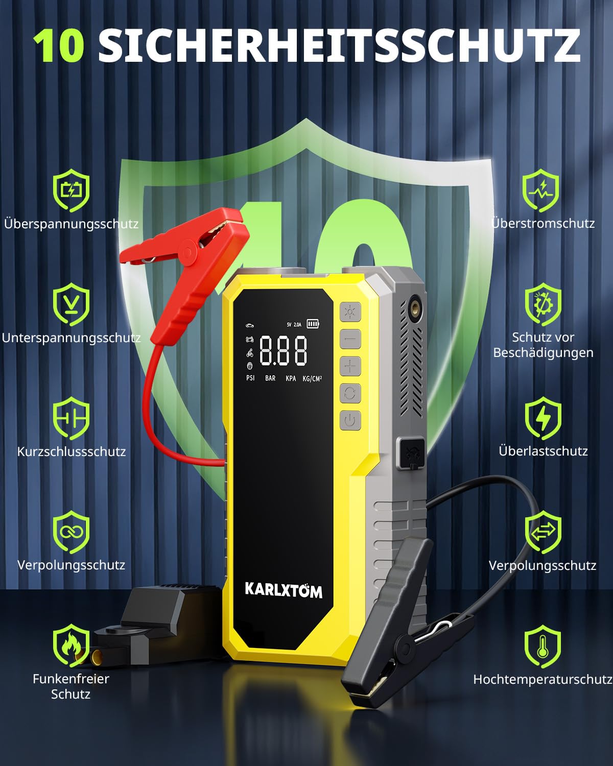 Karlxtom Starthilfe Powerbank für Pkw mit 190PSI Kompressor, 88Wh Auto Starthilfe Powerbank für All Benzin und 10L Dieselmotor, 4500A Starter Powerbank und 500LUM LED-Licht, LCD-Anzeige