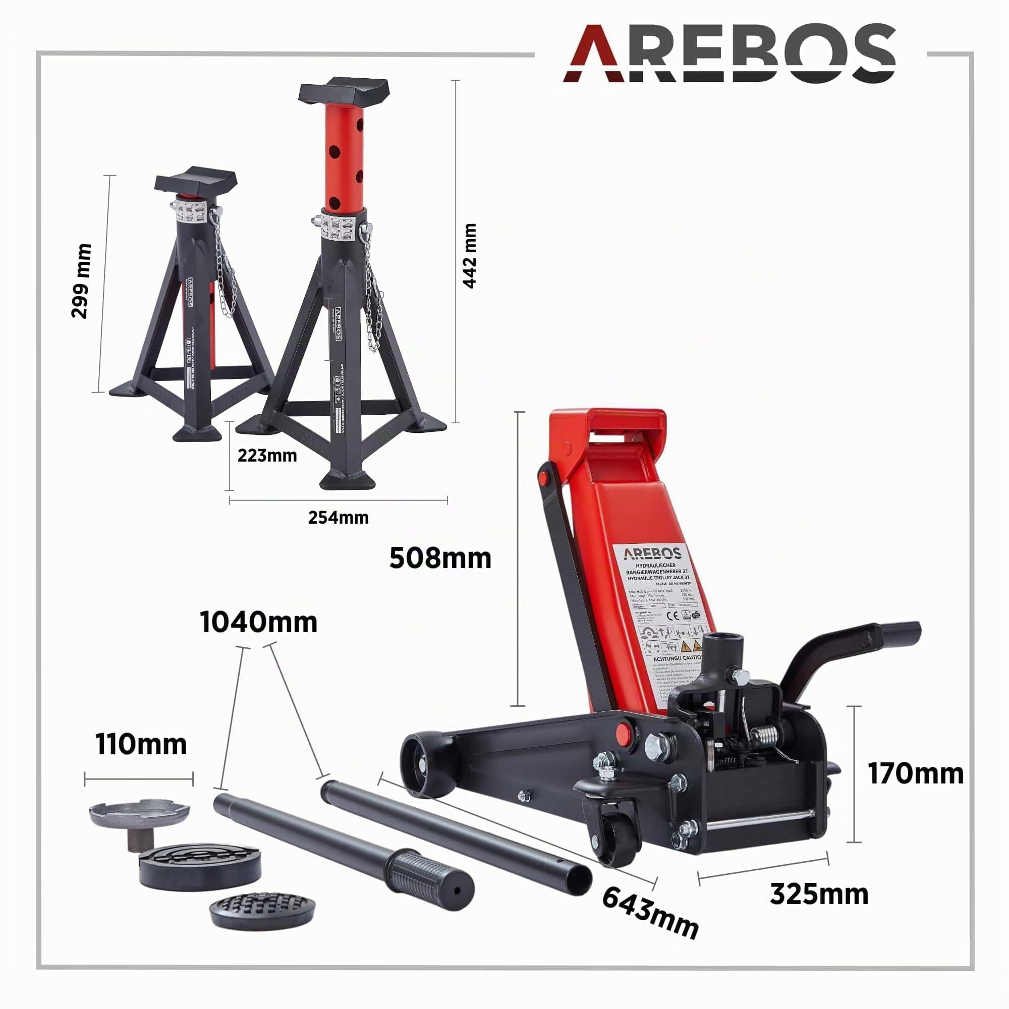 Arebos Martinetto Idraulico 3T con Pedale + 2 Cavalletti | Capacità 3 Ton | Sollevatore da Officina e Hobby | Jack Auto con 2 Supporti Stabili | Altezza Regolabile e Facile da Usare