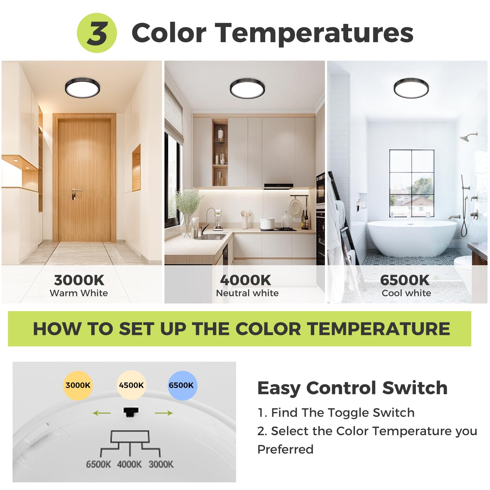 hepside LED Ceiling Light,3000K/4000K/6500K 3 Color Temperature, Waterproof IP54 LED Ceiling Lamp - Image 3