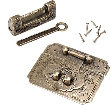 1 Set Vintage Gold Lock Latch Hasp with Key, Brass Antique Decorative Case Box Hasp Latch Padlock, Buckle Lock with Mounting Screws